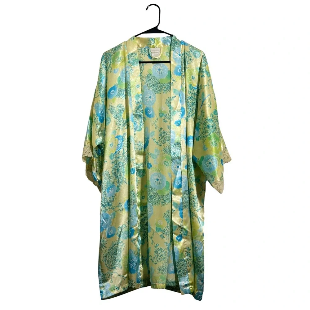 Secret Treasures Kimono Robe Tender Lemon Floral Paisley Lace Trim Satin Size XL